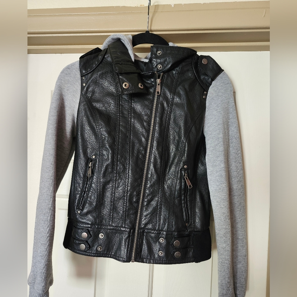 Windsor boy's faux leather hybrid 'motorcycle jacket" hoodie size m